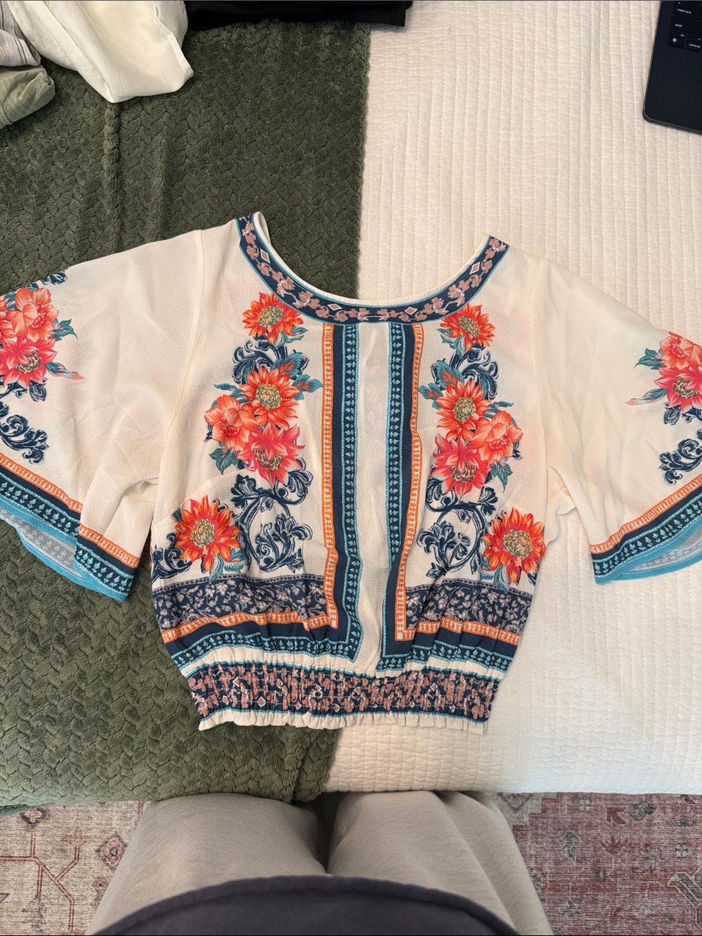 Jealous Tomato Cream Crop Top with Coral Floral Print and Navy Trim